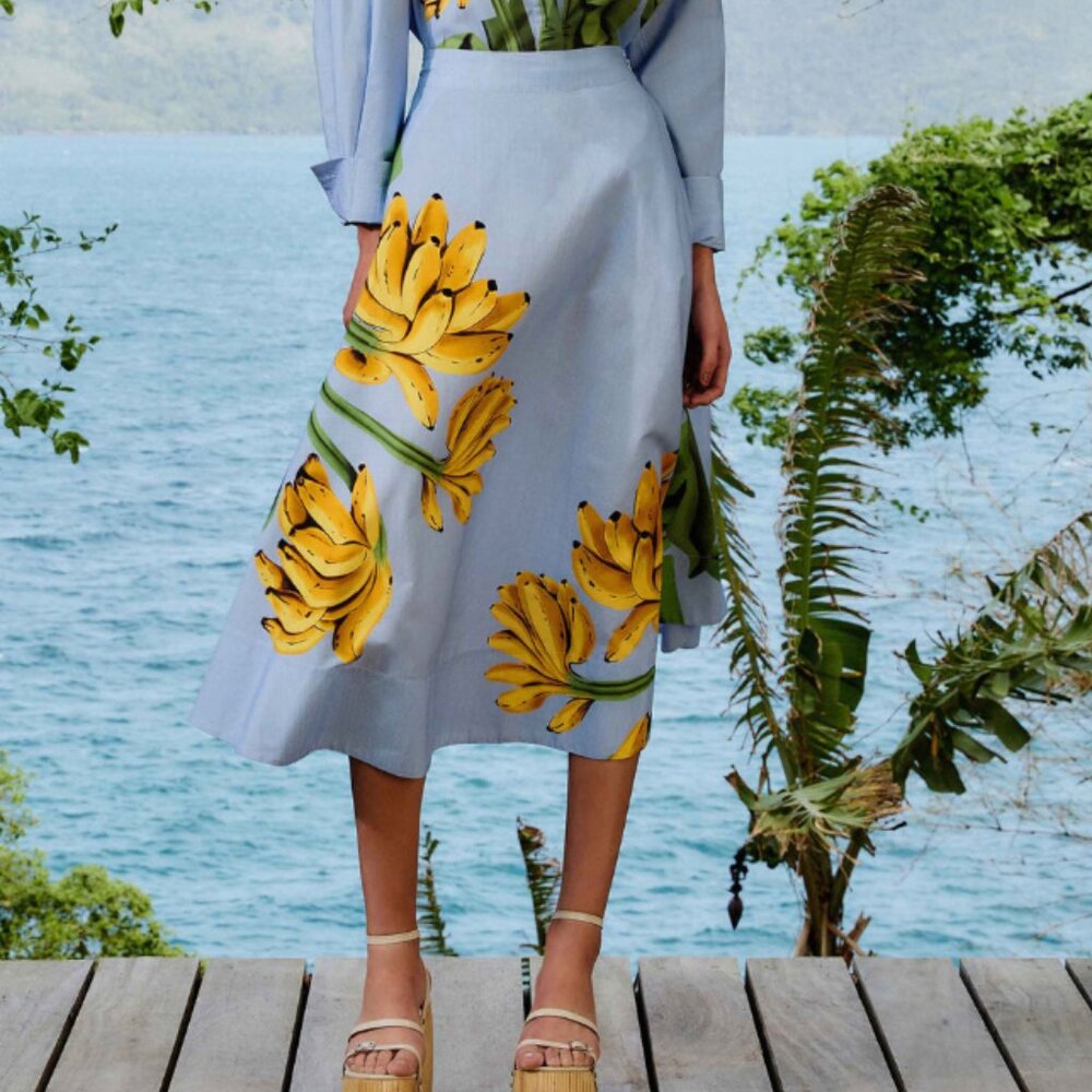 FARM Rio Blue Banana Cocina Striped Midi Skirt